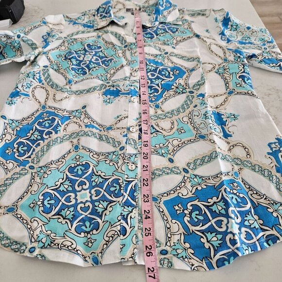 NEW JM Collection Summer Sunset Small Viscose & Linen Blue/White Print Blouse - Picture 8 of 9